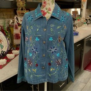 Kim Rogers Floral Embroidered Denim Jean Jacket Art To Wear Size Large Petite